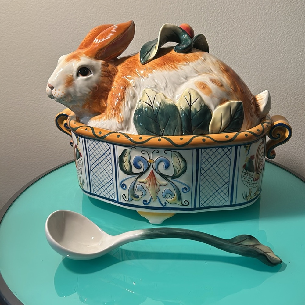 Vintage Fitz and Floyd Ceramic Rabbit Tureen with ladle